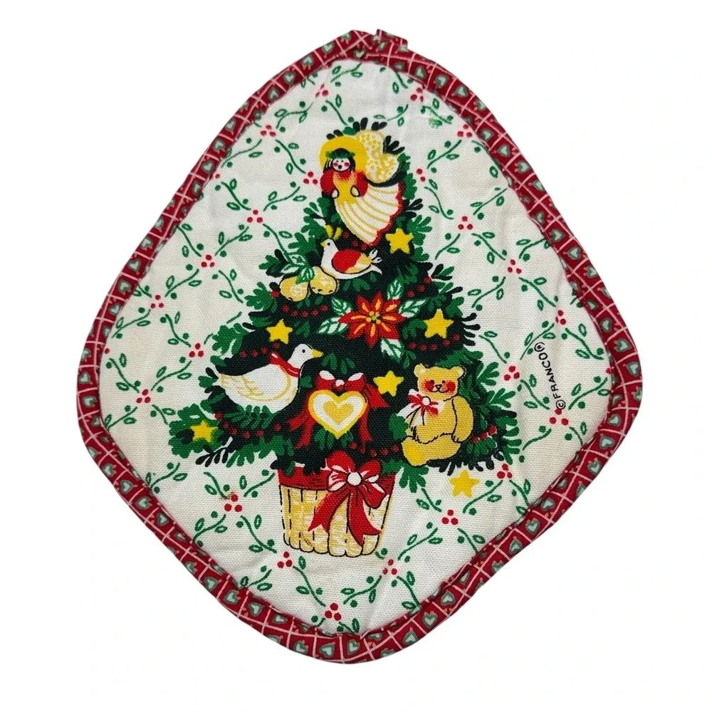 Vintage Franco Christmas Potholders Set 3 Poinsettia Tree Wreath Red White Retro